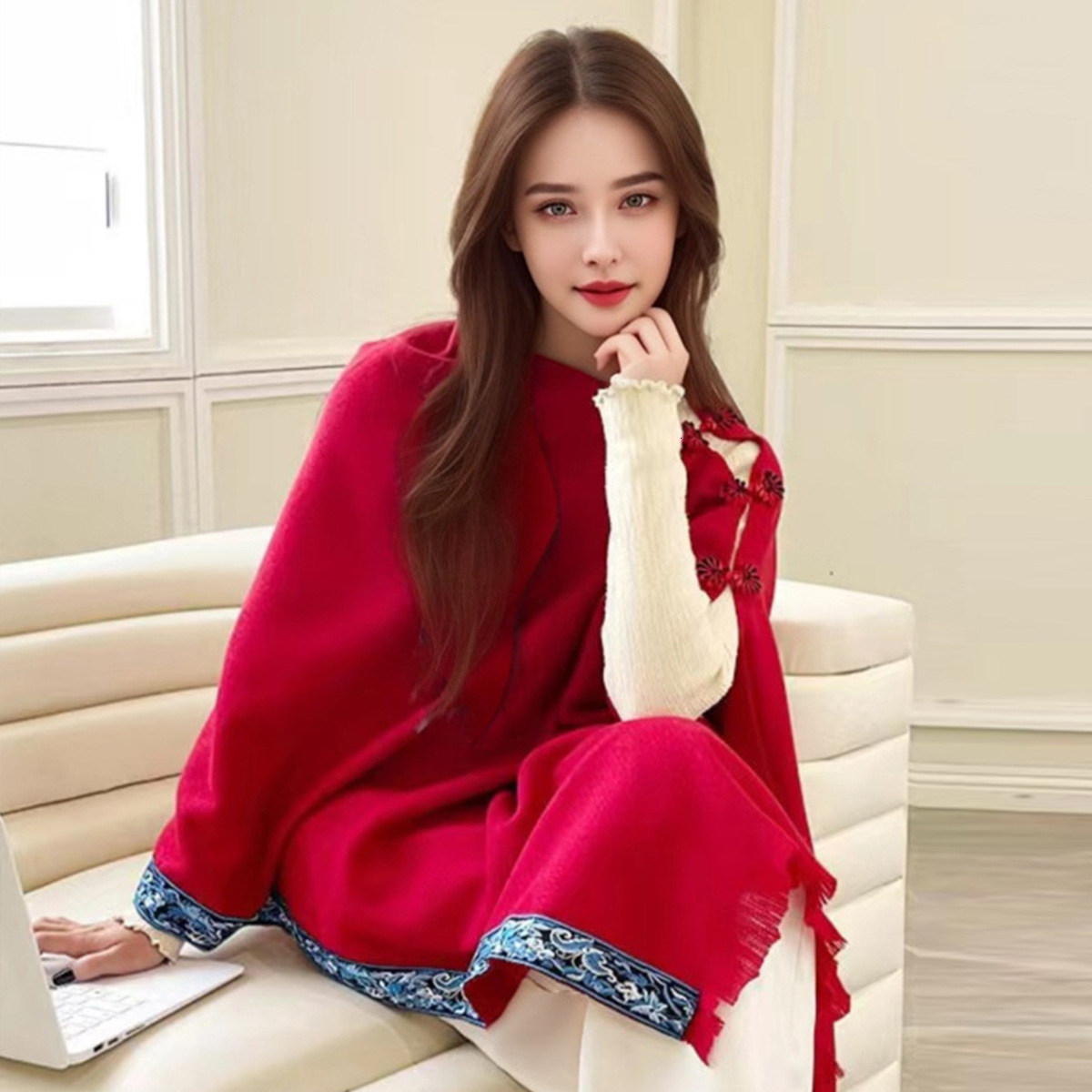 New ethnic style shawl with antique style buckle, multifunctional embroidery, warm and fashionable imitation cashmere shawl scarf