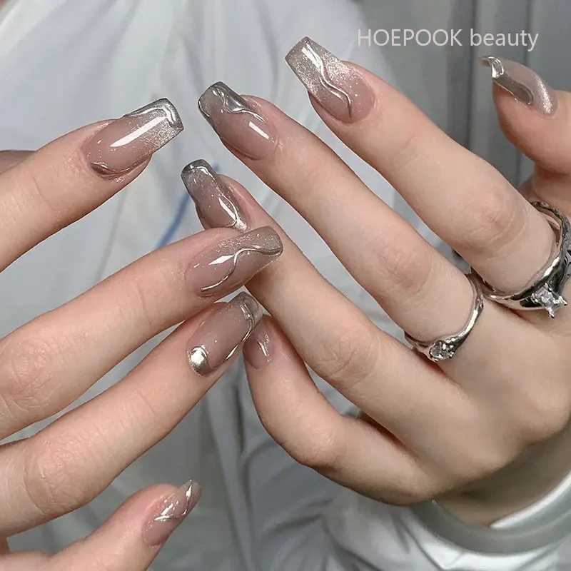 24 pieces of silver mirror long T reusable fake nail art seamless detachable full cover acrylic press machine fake nail press machine W240905
