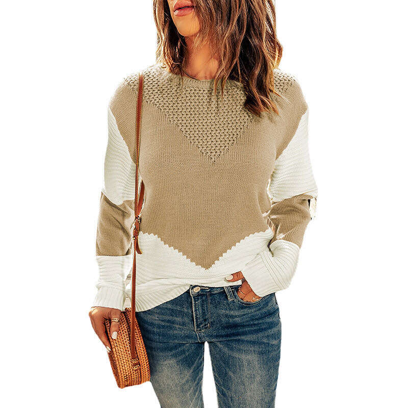 Knitted top women's autumn and winter clothing new round neck contrasting base pullover sweater