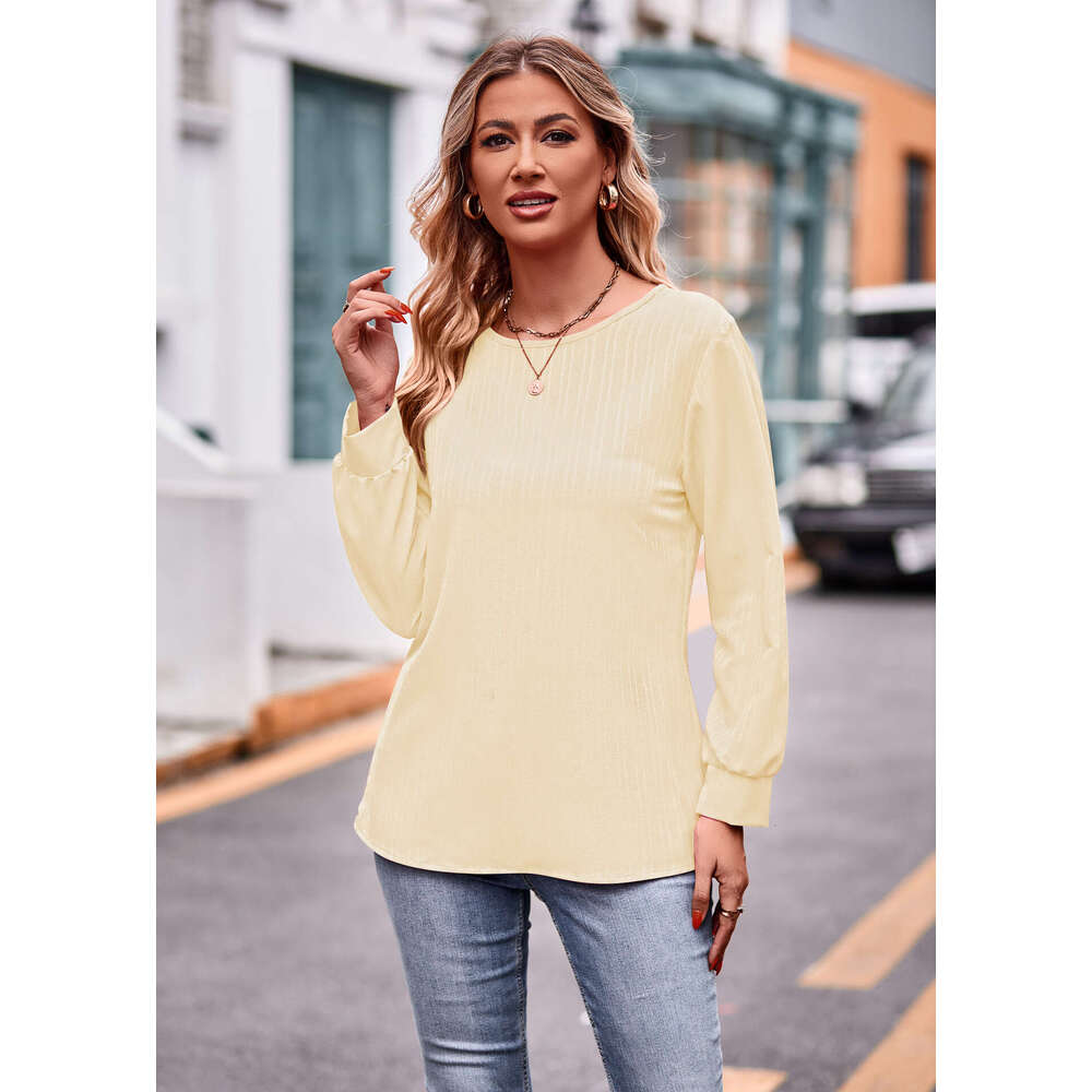 2024 Autumn New Womens Solid Color Double Line Jacquard T-shirt Long Sleeve Top