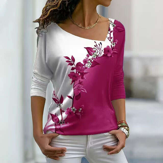 New womens V-neck flower T-shirt spring long sleeved top OZ070 Vogue Female Casual Shirt: Stylish Flowers Adorning a Soft & Flowy Cotton Blend Fabric
