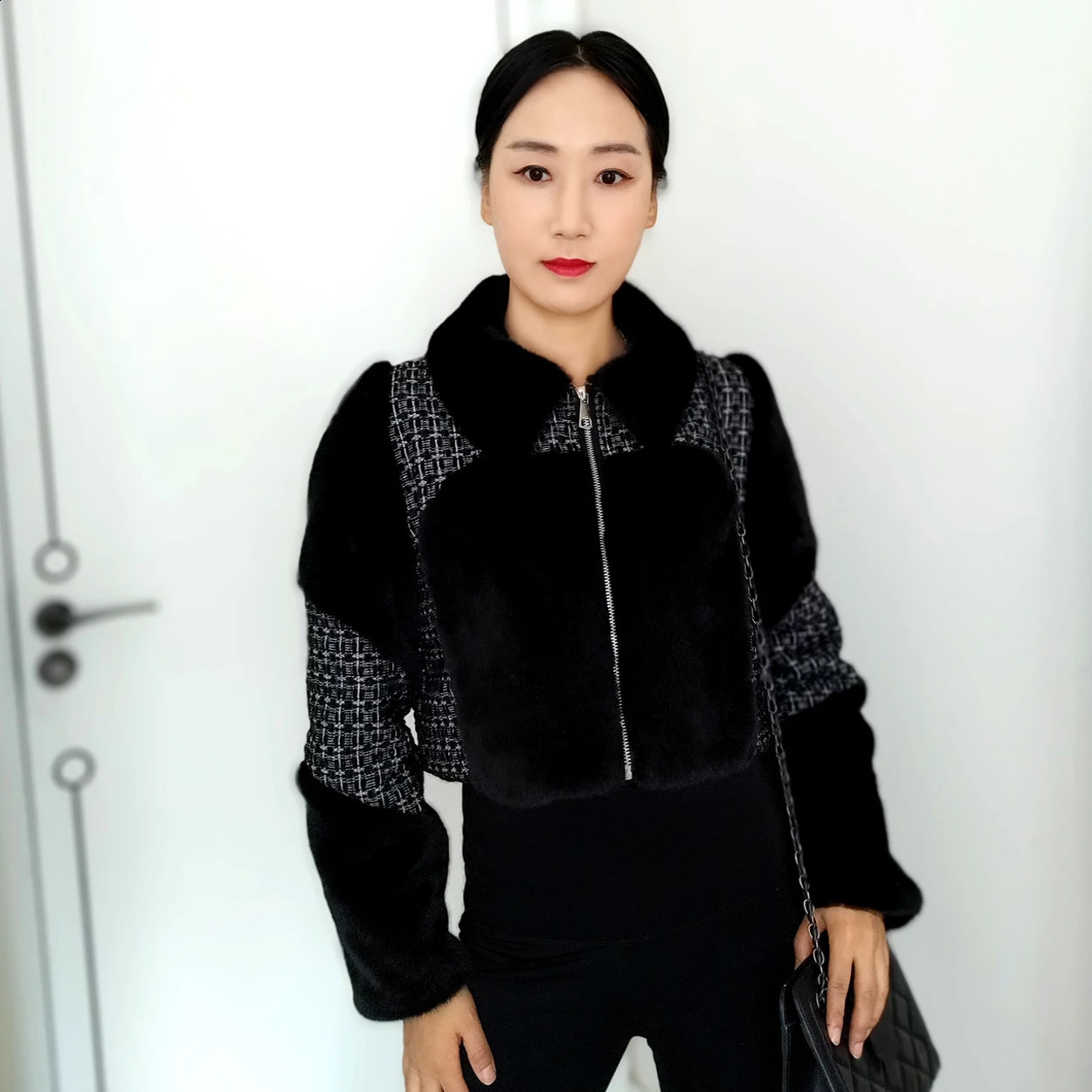 Women Autumn Winter Causal Spliced Cotton Lining Jacket Tweed and Faux Fur Quilted Coats Patchwork 240904
