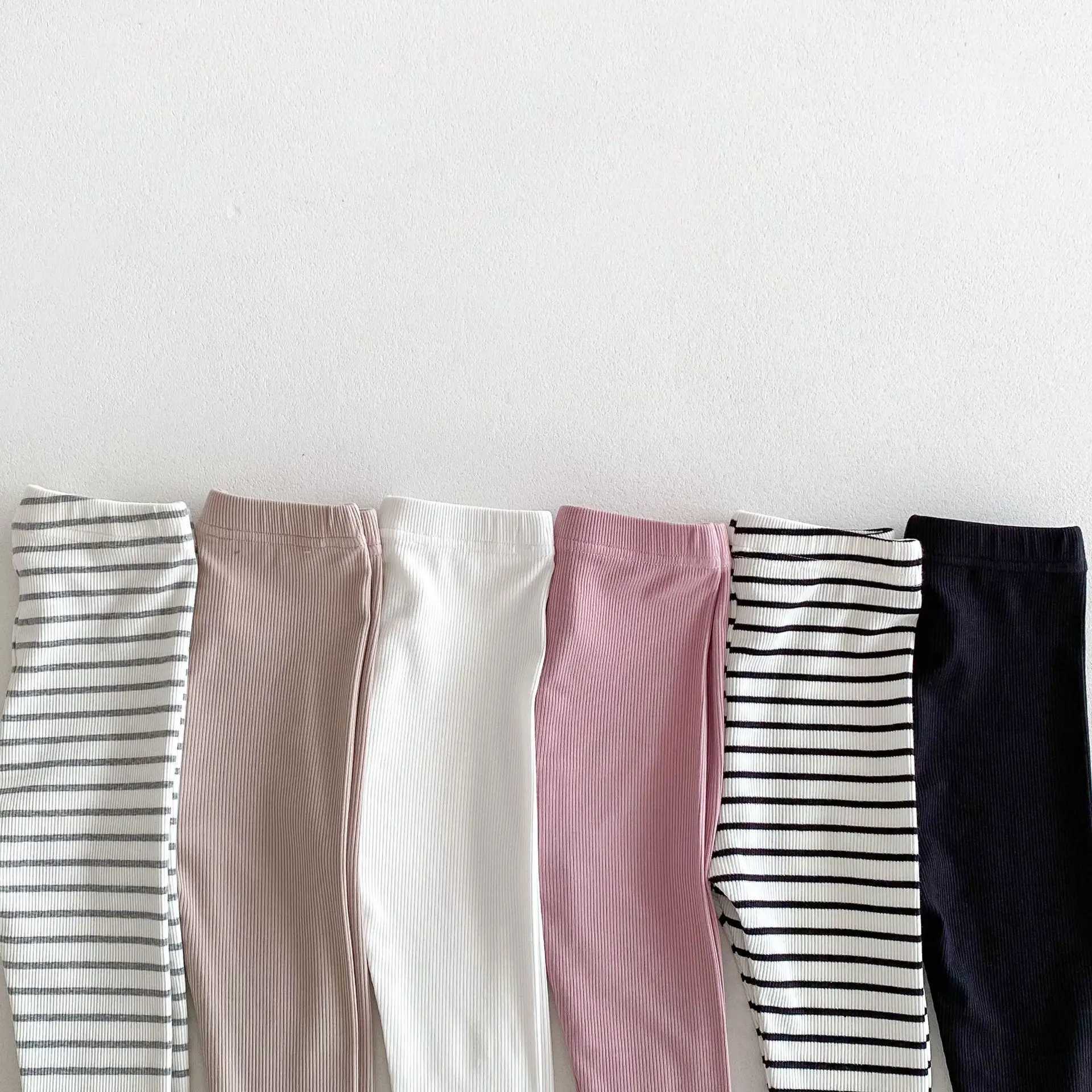 2024 Autumn New Children Solid Leggings Kids Tights Boys Girls Cotton Stretch Pants Striped Toddler Casual Versatile Trousers Y240906