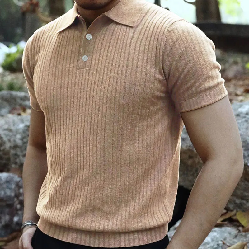 2024 Summer Knit Mens Polo Shirt Business Casual Striped Lapel Short Sleeve Henry Shirt T-shirt Comfortable Mens Clothing 240906