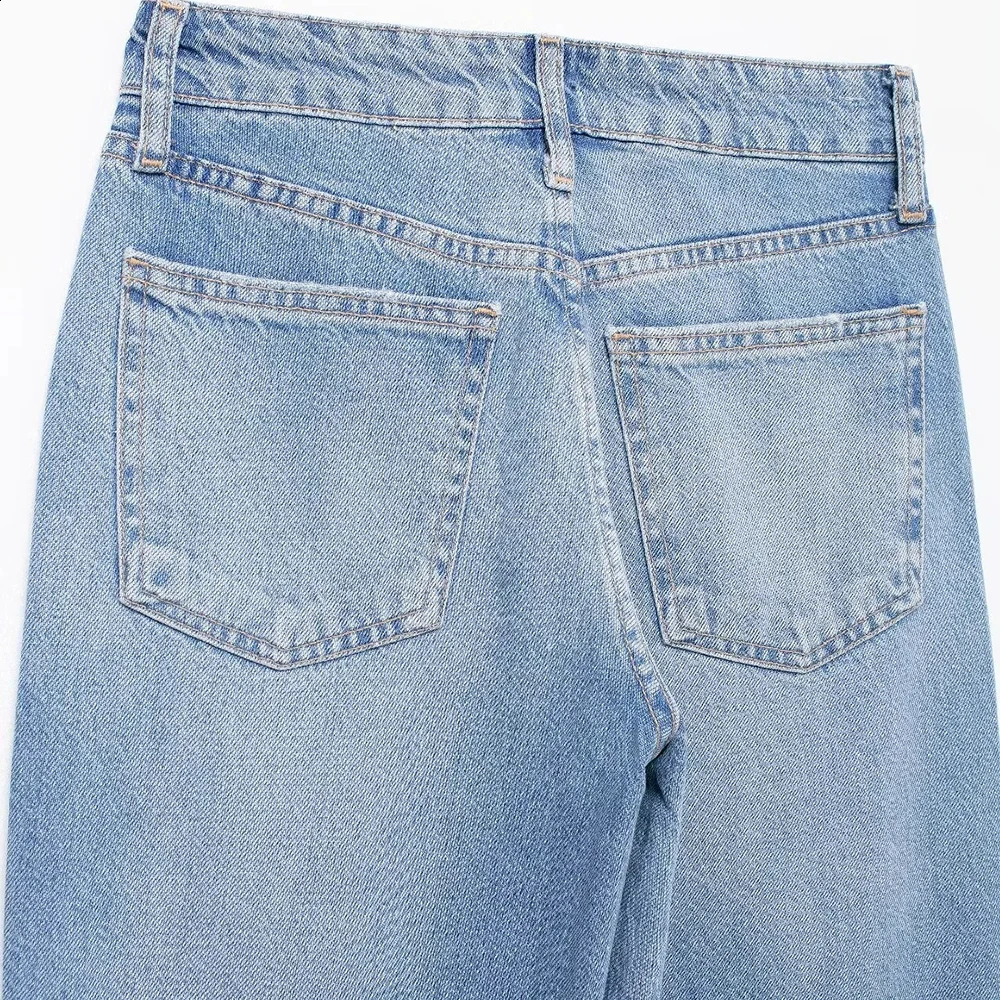 Aoaiys Womens Pocket Jeans Blue Shiny High Waist Wide Legs Denim Pants Shiny Straight Trouser Pocket Casual Fashion Jeans 240906