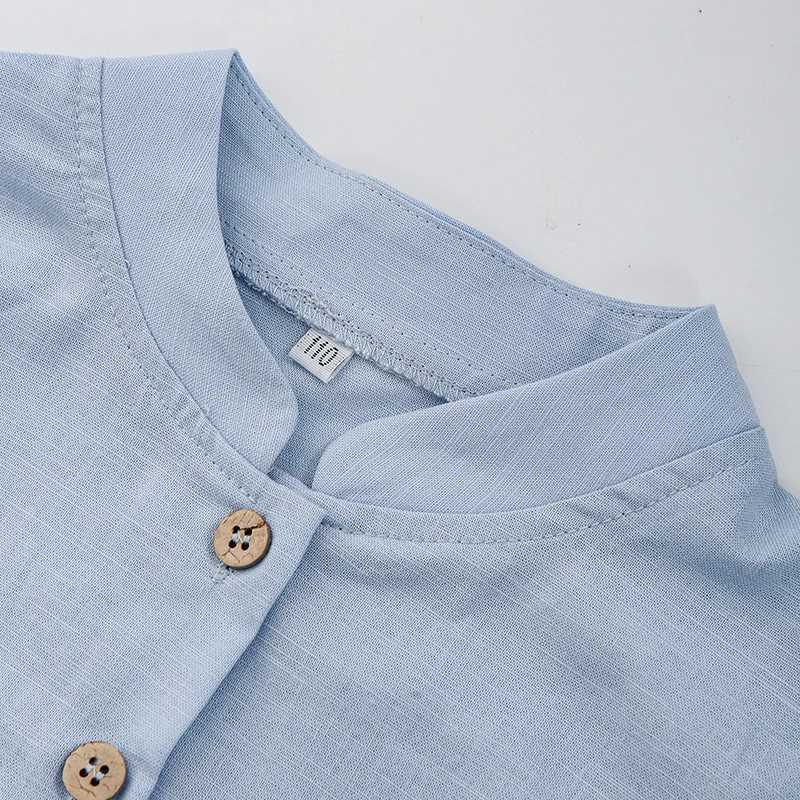 Boys Stand-Up Collar Linen Shirt 2024 Autumn New Childrens Single-Breasted Casual Daily British Style Long-Sleeved Shirts Y240906