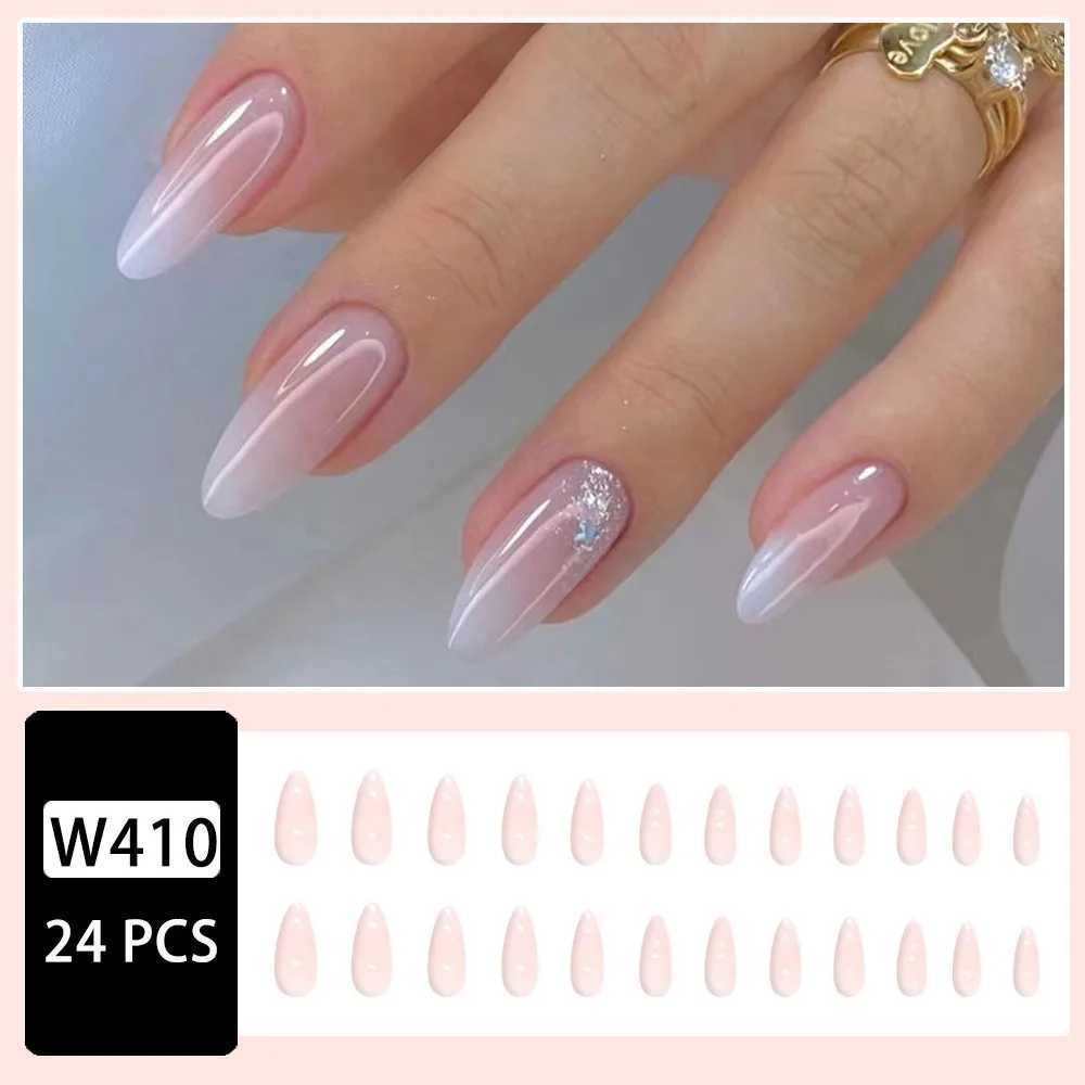 White Line French Fake Nail Almond Nude Pink Artificial Shining Nail Patch Shining Glitter Design Wearable Pressing Nail 24 pieces W240905