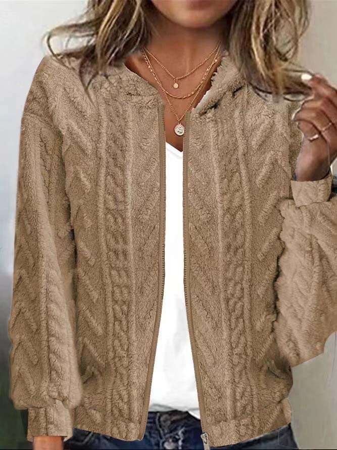 Women's 2024 Autumn/Winter New Comfortable and Casual Hooded Jacquard Long Sleeve Plush Coat