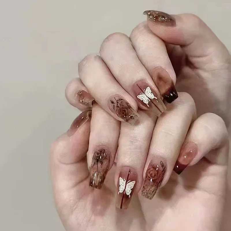 Heallor Frozen Rose Wearable Pink Pressing Fake Nail Tip Glue Fake Nail Design Butterfly Cute Girl Fake Nail W240905