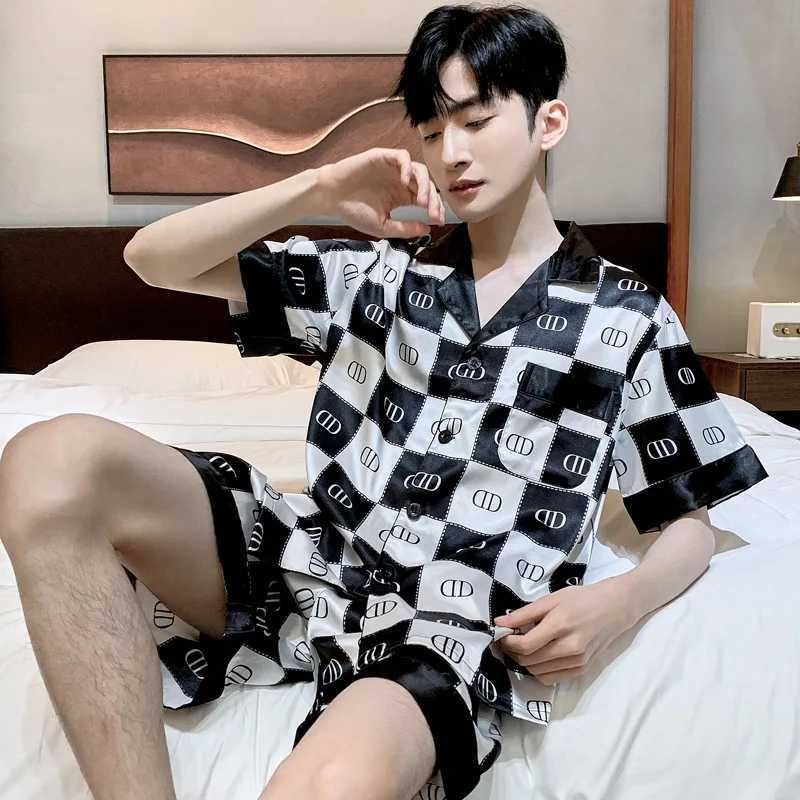 New Pajamas Set Mens SummerHigh Quality Ice Silk Short Sleeve Night Wear Thin Satin Sleepwear Male Home Clothing Pyjamas Teen Y240906
