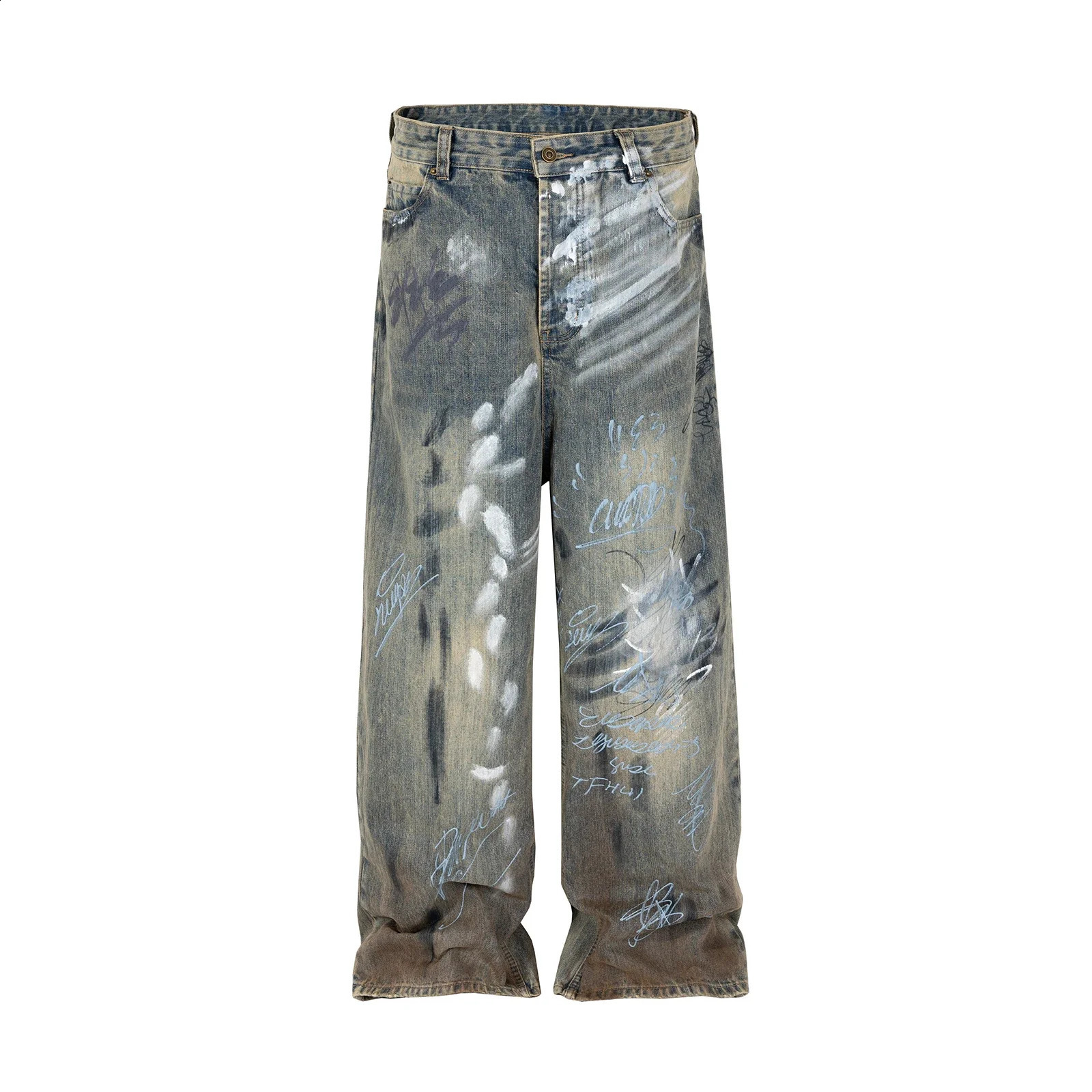 Graffiti handpainted damaged mens and womens laundry bag jeans straight street clothing Y2k denim Trousers Pantalones Hombre Cargos 240905