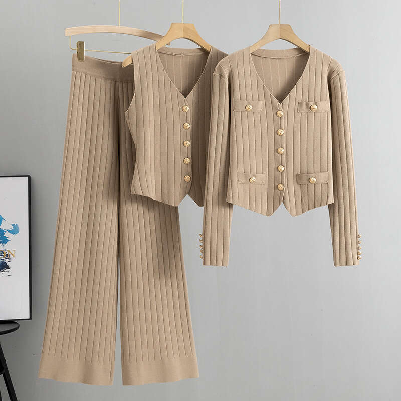 Korean version slim fit small fragrant style wide leg pants sweater three piece for women 2024 Spring and Autumn new vest knitted cardigan set