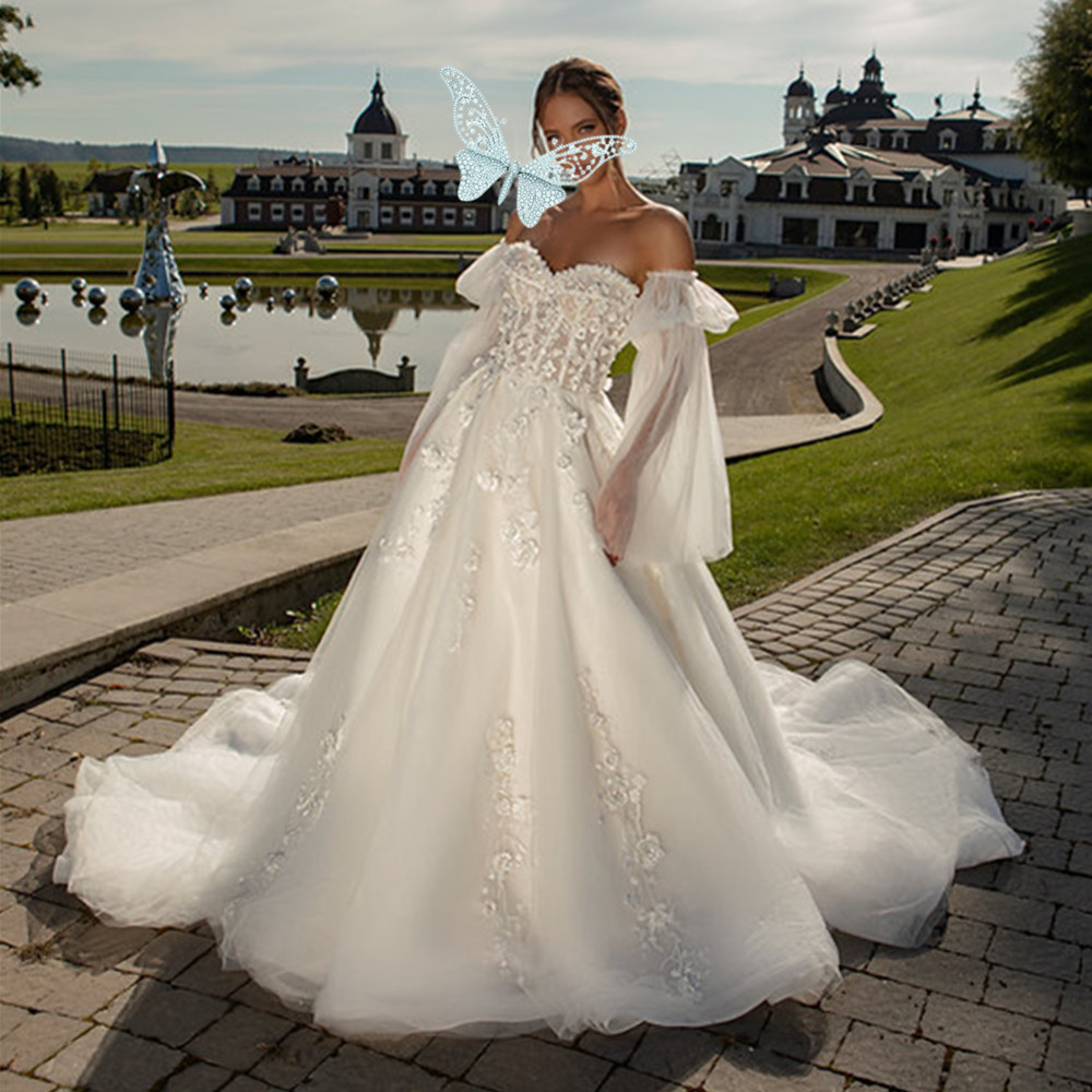 New Spaghetti Tulle A-line Wedding Dresses 2024 Illusion Bodice 3D Flowers Appliques Lace Sweep Train Princess Dress 04