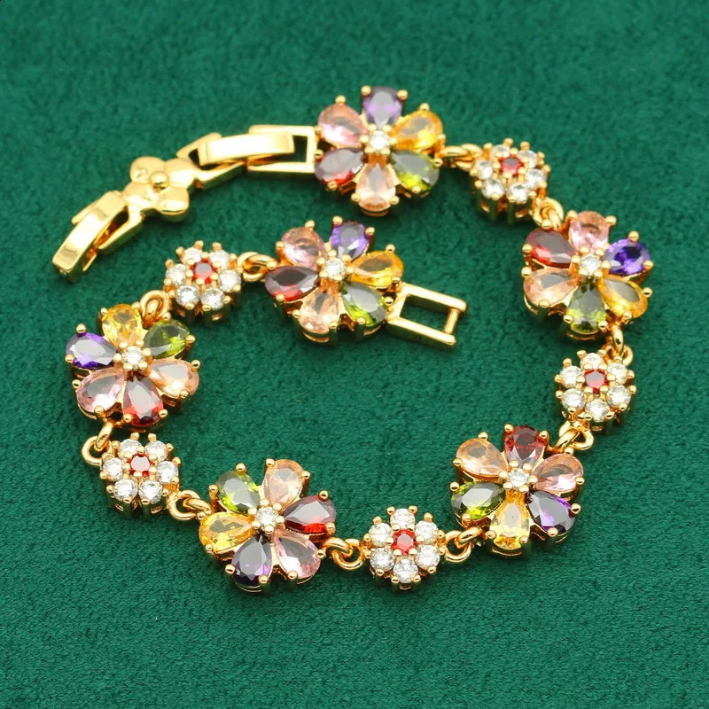 Classic 925 silver gold jewelry set suitable for womens weddings multi colored zircon bracelets earrings necklaces rings 4 pieces 240906