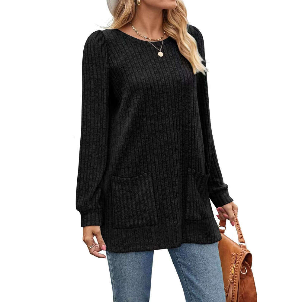 2024 Autumn/Winter New Pocket Top Loose Casual Bubble Sleeve T-shirt for Women