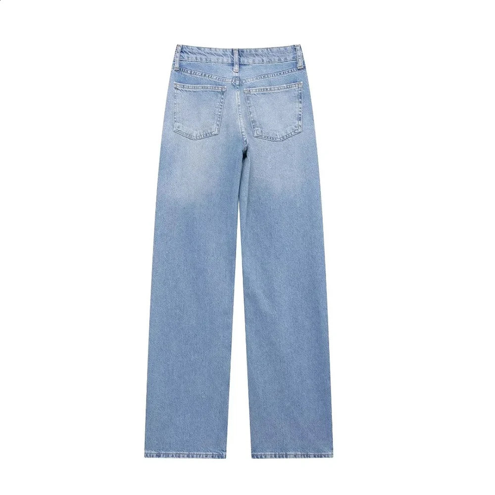 Aoaiys Womens Pocket Jeans Blue Shiny High Waist Wide Legs Denim Pants Shiny Straight Trouser Pocket Casual Fashion Jeans 240906