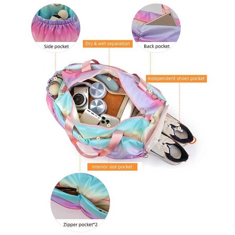 Rainbow colored fitness bag womens handbag travel fitness sports girl backpack yoga shoes shoulder bag waterproof dry and wet pocket W240906