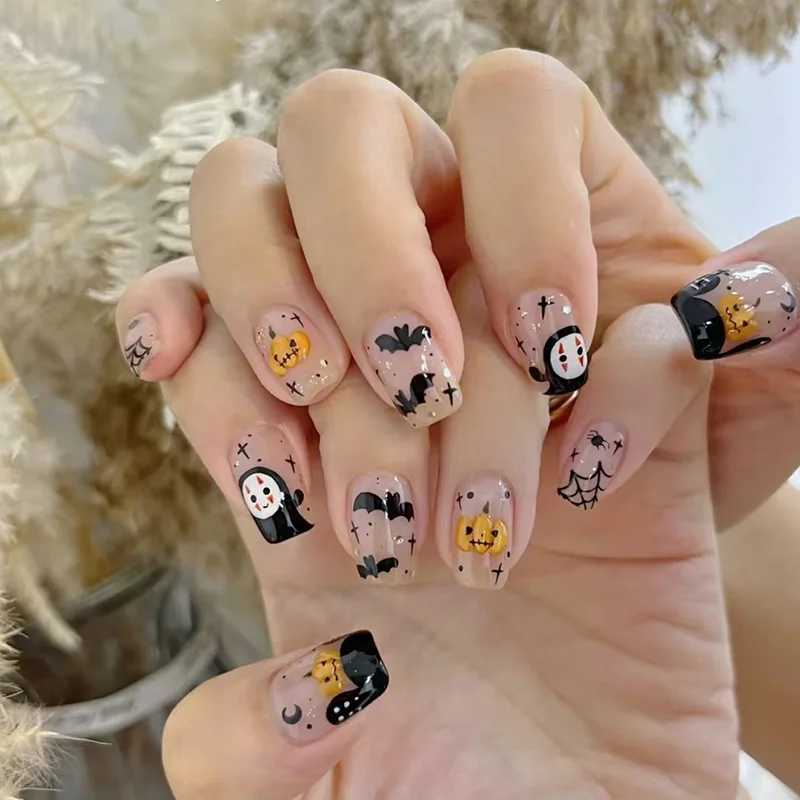 Halloween fake nail acrylic pressed nail almond shaped fully covered jelly glue nail cute ghost nail sticker W240905