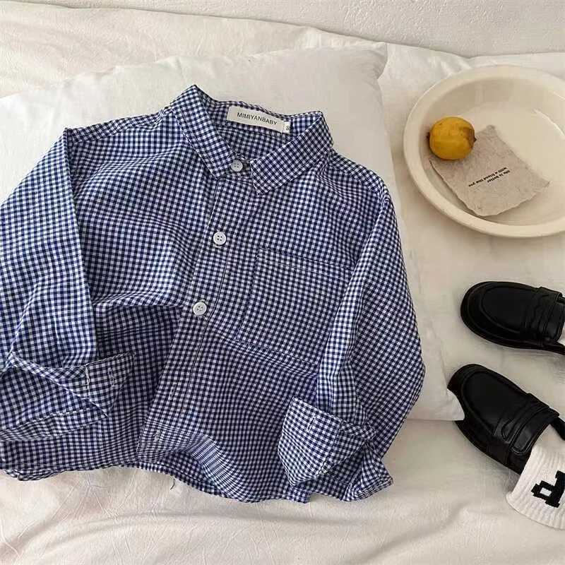 Childrens Shirt 2024 Autumn New Boys and Girls Fine Pocket Shirt Baby Simple Blue Check Shirt 90-140cm Y240906