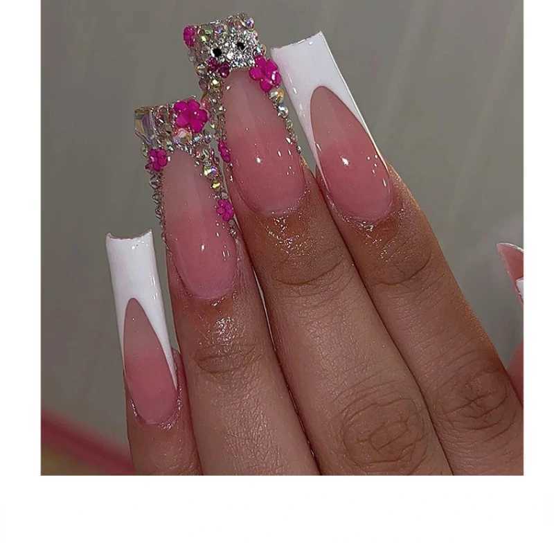 24pcs/set of Y2K fake nail art featuring Hellokity Rhinestone French white border design wearable long fan-shaped nail tips handmade patches W240905