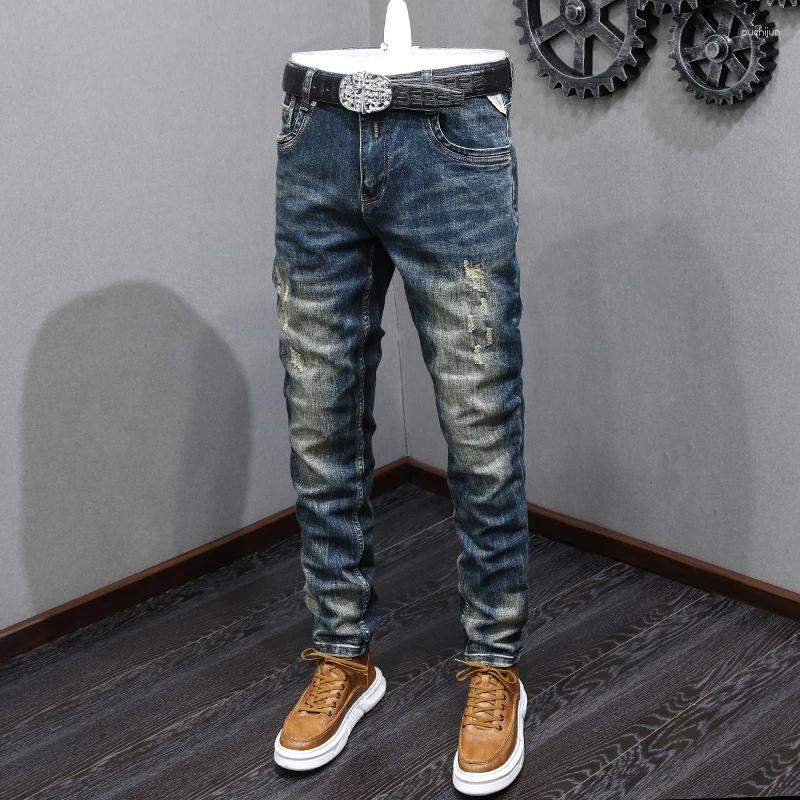 2025 S Fashion Designer Men S Jeans Fashion Designer Men High Quality Retro Washed Blue Stretch Slim Fit Ripped Patched Vintage Denim Pants Hombre