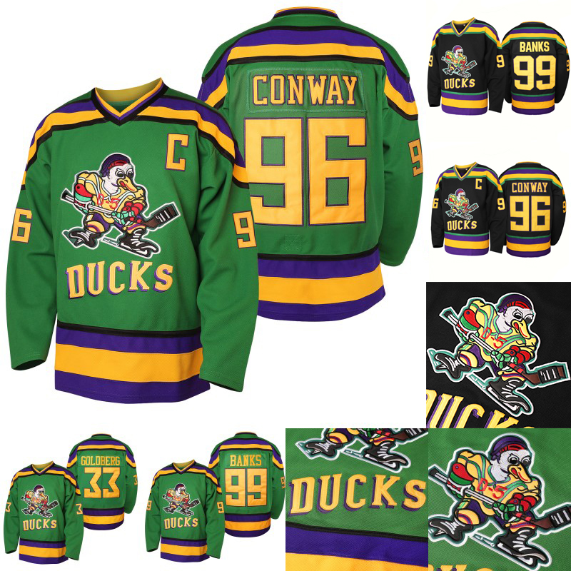 96 Charlie Conway 1996-06 Mighty Ducks Movie Hockey Jersey 33 Greg Goldberg 99 Adam Banks Ducks Green White S-XXXL In Stock Fast Shipping Ice Hockey Jerseys