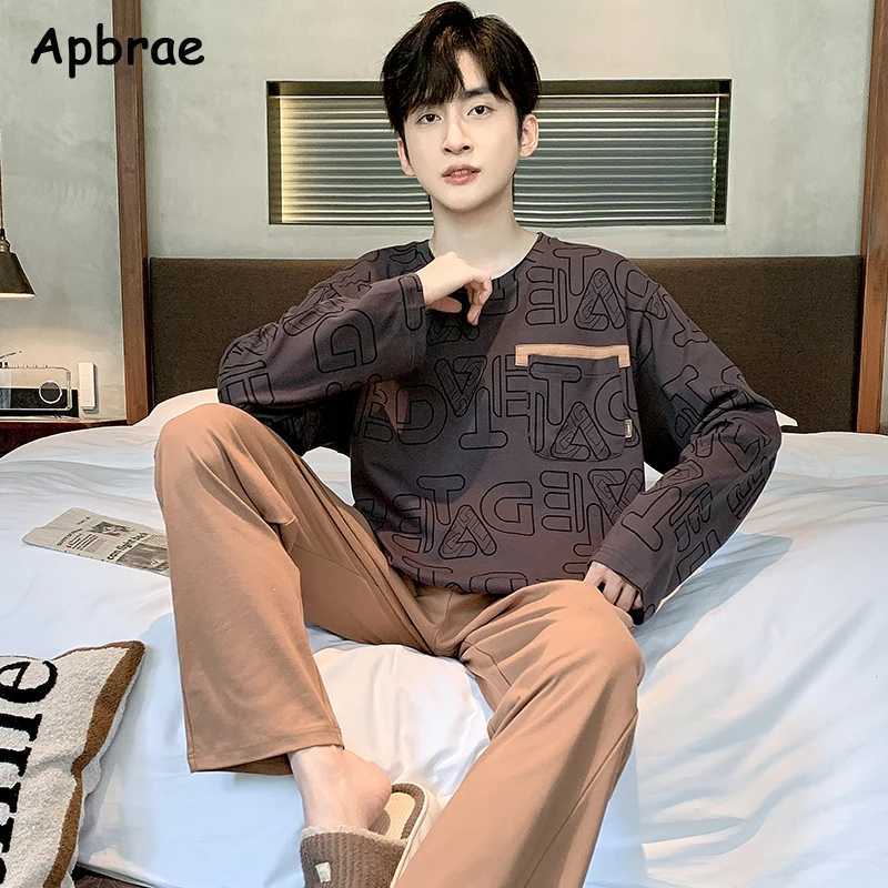 100% Pure Cotton Pajamas for Men Autumn Winter Fashion O-neck Pajama Long Sleeved Full Pants Sleepwear Plus Size L-3XL Homewear Y240906