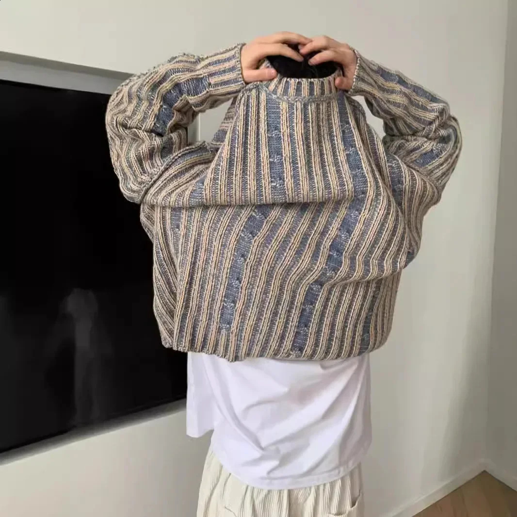 Vintagecleanfit Striped Color Blocking Sweater High-end Feeling Korean Style Round Neck Casual Knitted Top For Men Autumn/winter 240906