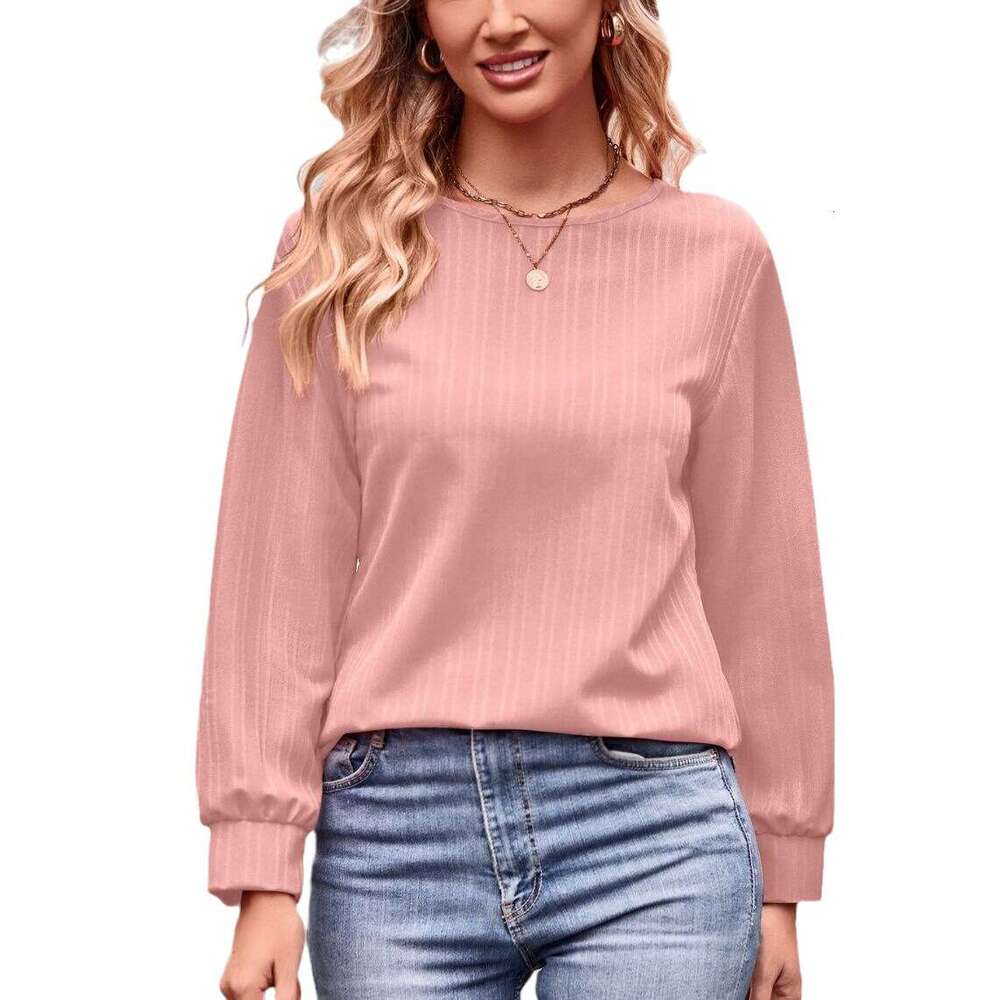 2024 Autumn New Womens Solid Color Double Line Jacquard T-shirt Long Sleeve Top