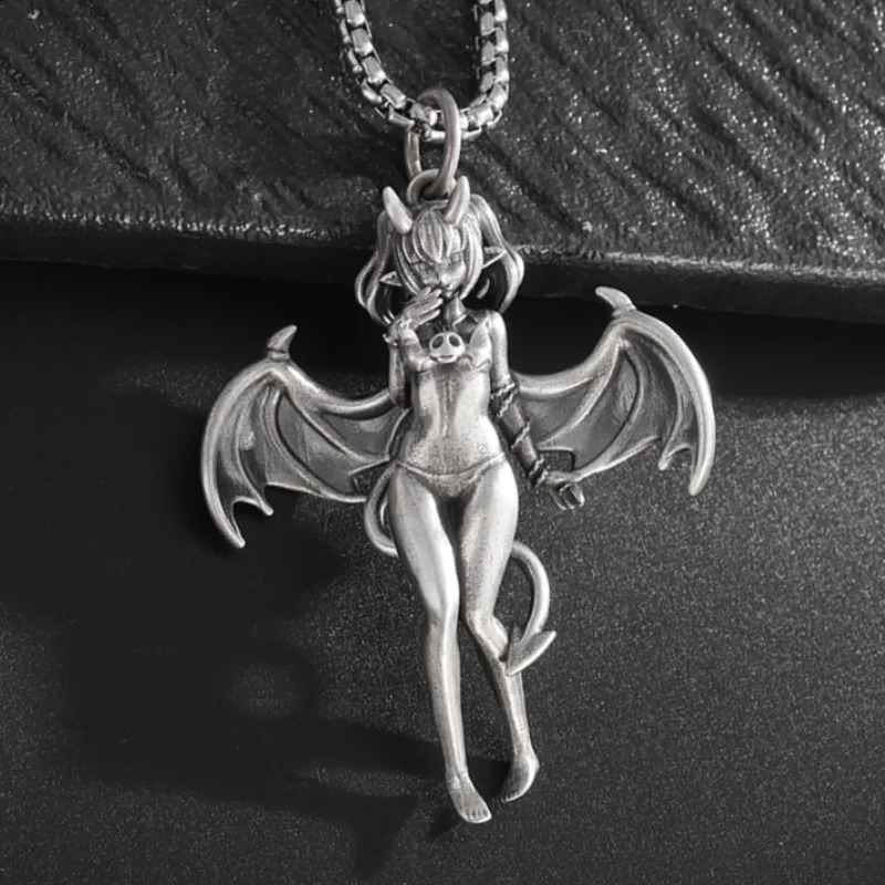 Exquisite Retro Sexy Devil Bat Girl Pendant Necklace for Men and Women Gothic Hip Hop Trend Role Playing Punk Jewelry 240905