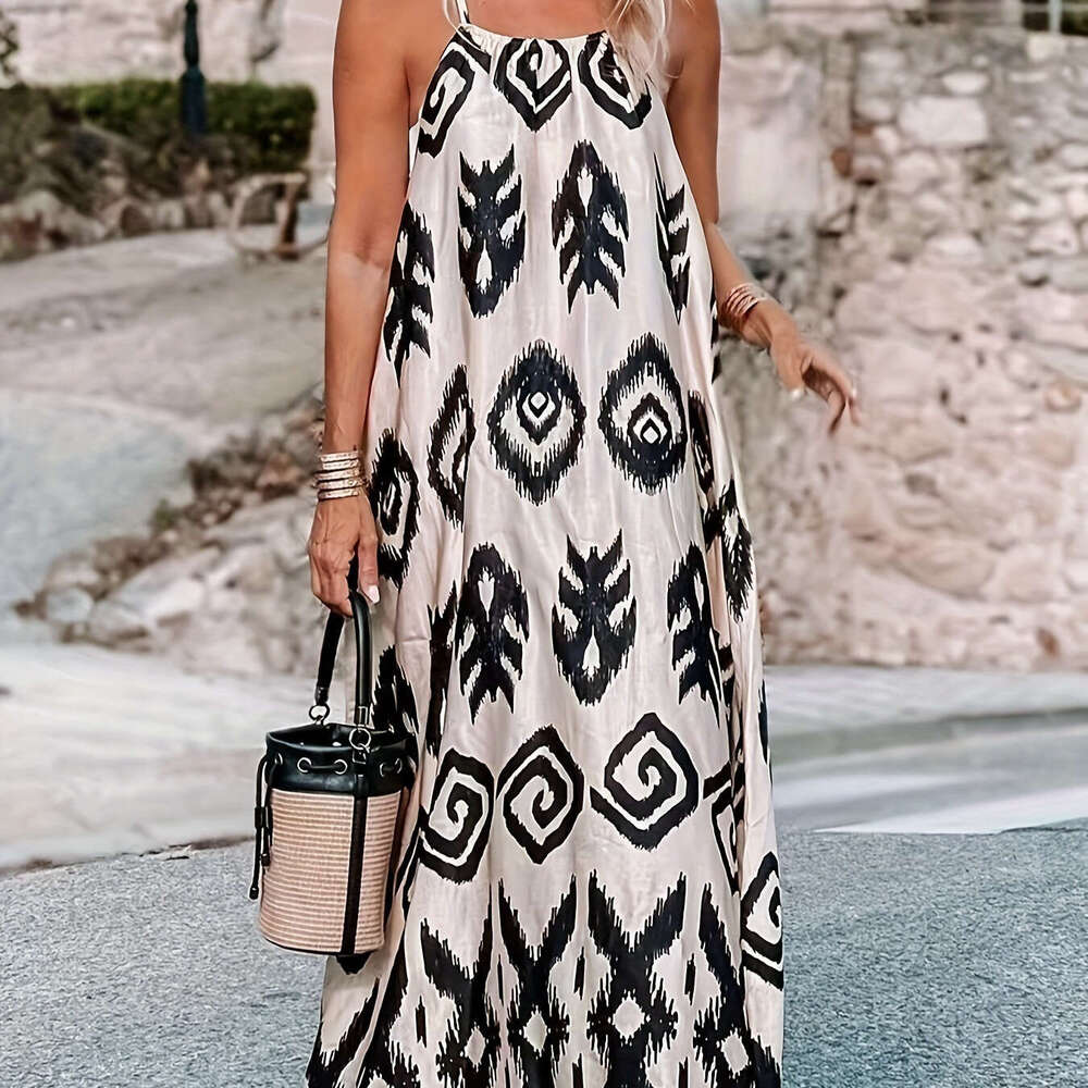 2024 Spring New Sleeveless Headband Women's Fashion Versatile Loose Print Long Dress for Women