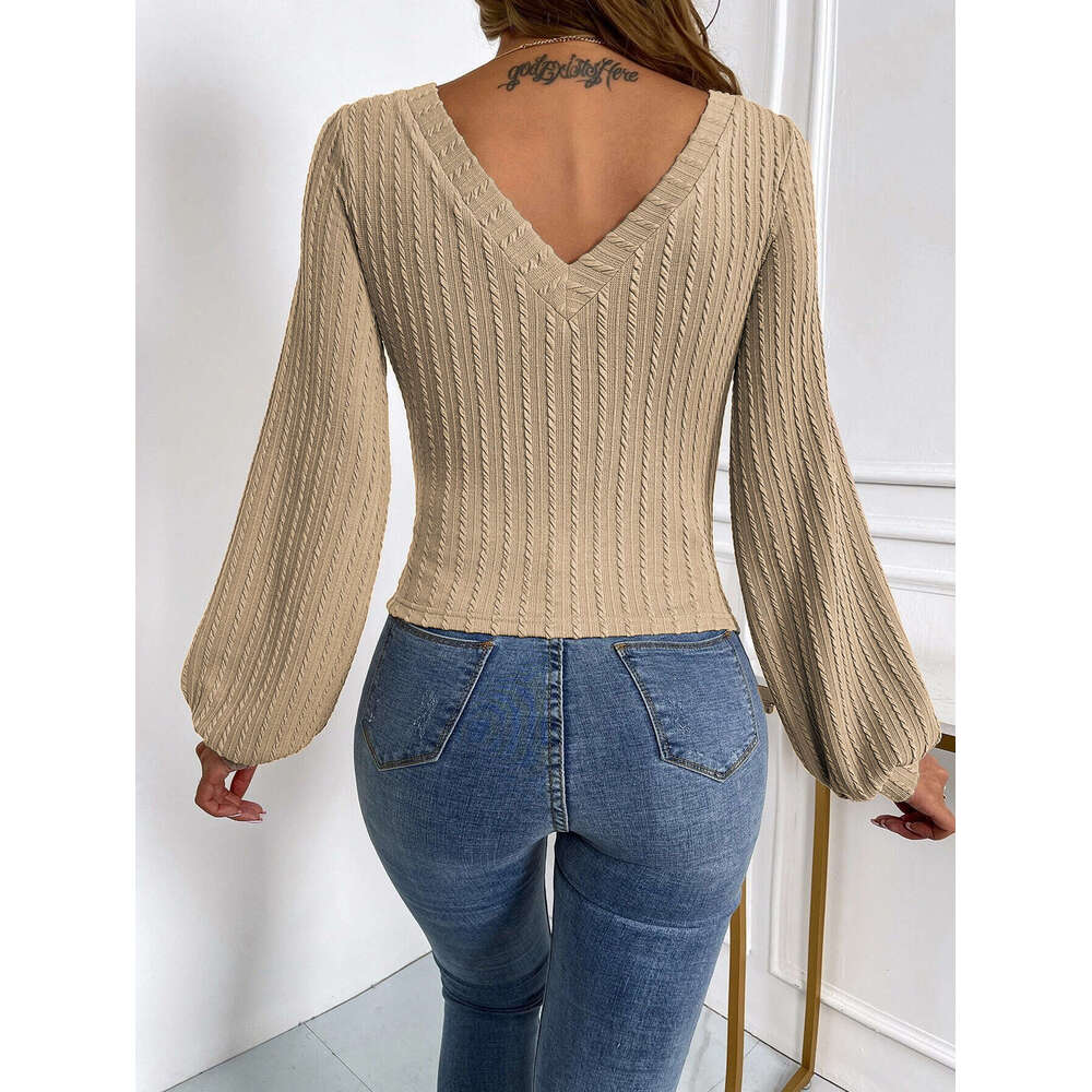 2024 Women's New V-neck Bubble Slim Fit Commuter Fried Dough Twists Knitted Long Sleeve T-shirt Top