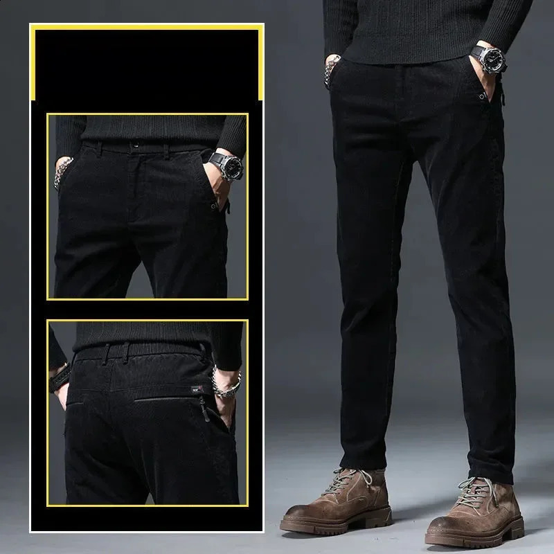 Autumn Winter Mens Retro Corduroy Casual Pants Business Fashion Solid Color Elastic Regular Suitable for Trousers 240905