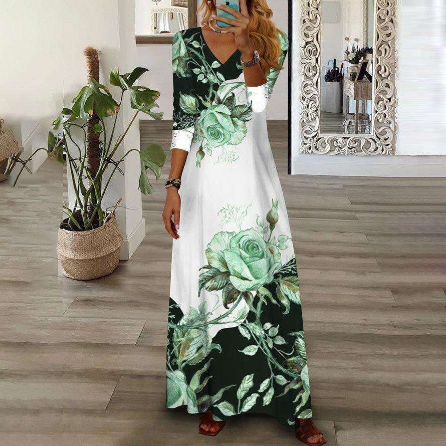 2023 Women's New Fashion Positioning Print V-Neck Button Long Sleeve Dress