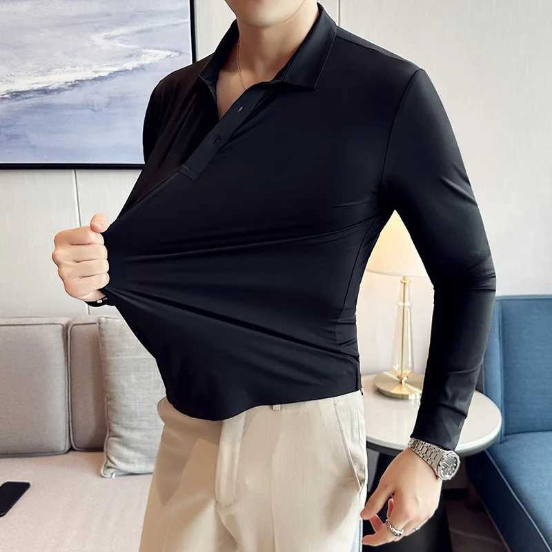 High Elasticity Men POLO Shirt 2023 Autumn Base Tops Ice Silk Fabric Solid Casual Long Sleeve POLO Shirt Casual Slim Fit T ShirtXJ240906