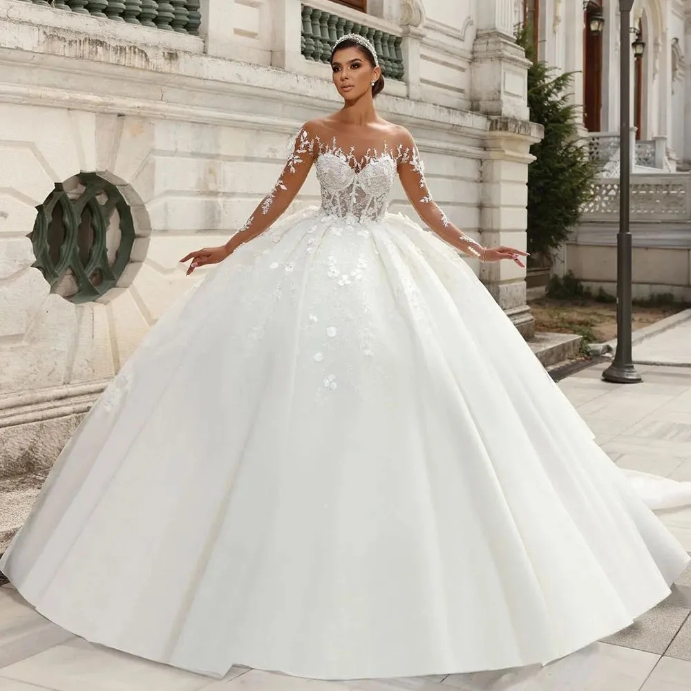 Ball Modern Gown Church Wedding Dress Sheer Neck Long Sleeves Lace Applique Satin Bride Gowns Bridal Dresses Vestido De Noiva Customed s es