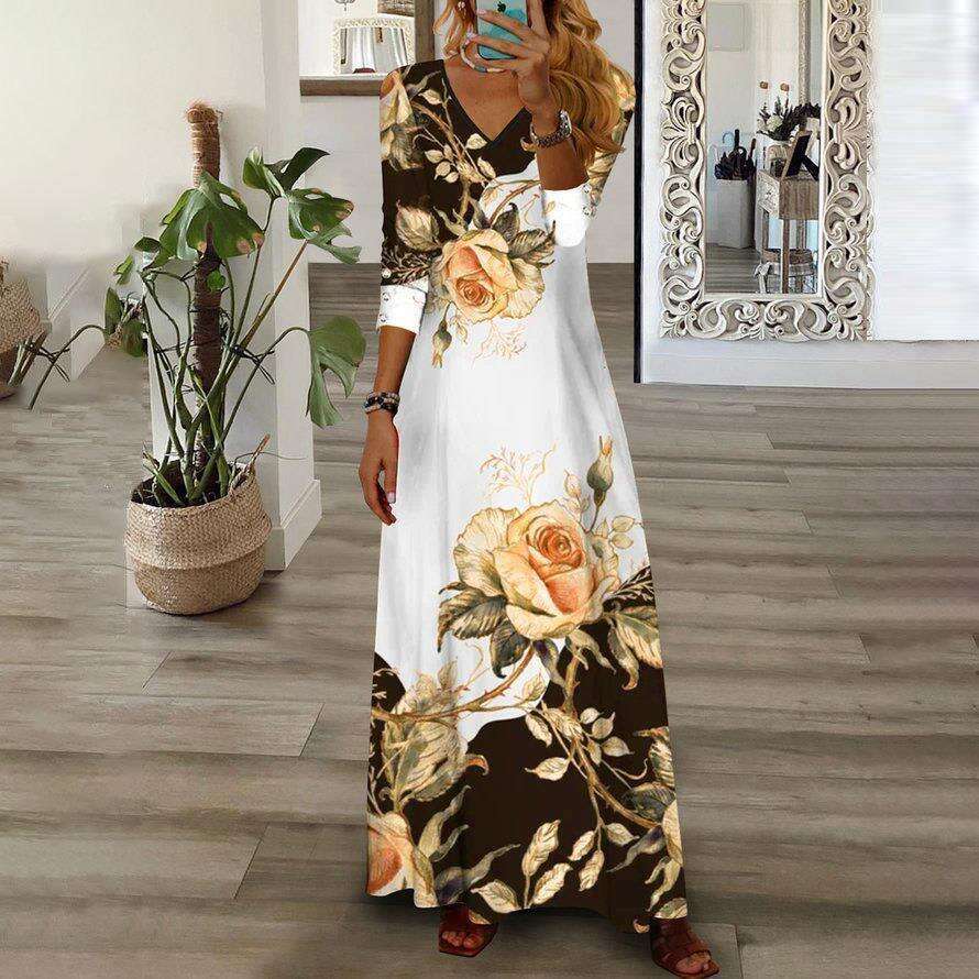 2023 Women's New Fashion Positioning Print V-Neck Button Long Sleeve Dress
