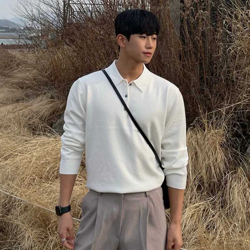 Mens Clothing Light Luxury Knit Polo Shirt Long Sleeve Solid Color Pullover Sweater Korean Retro Popular Leisure Knitwear M-3XLXJ240906