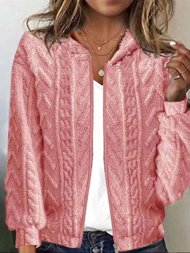 Women's 2024 Autumn/Winter New Comfortable and Casual Hooded Jacquard Long Sleeve Plush Coat