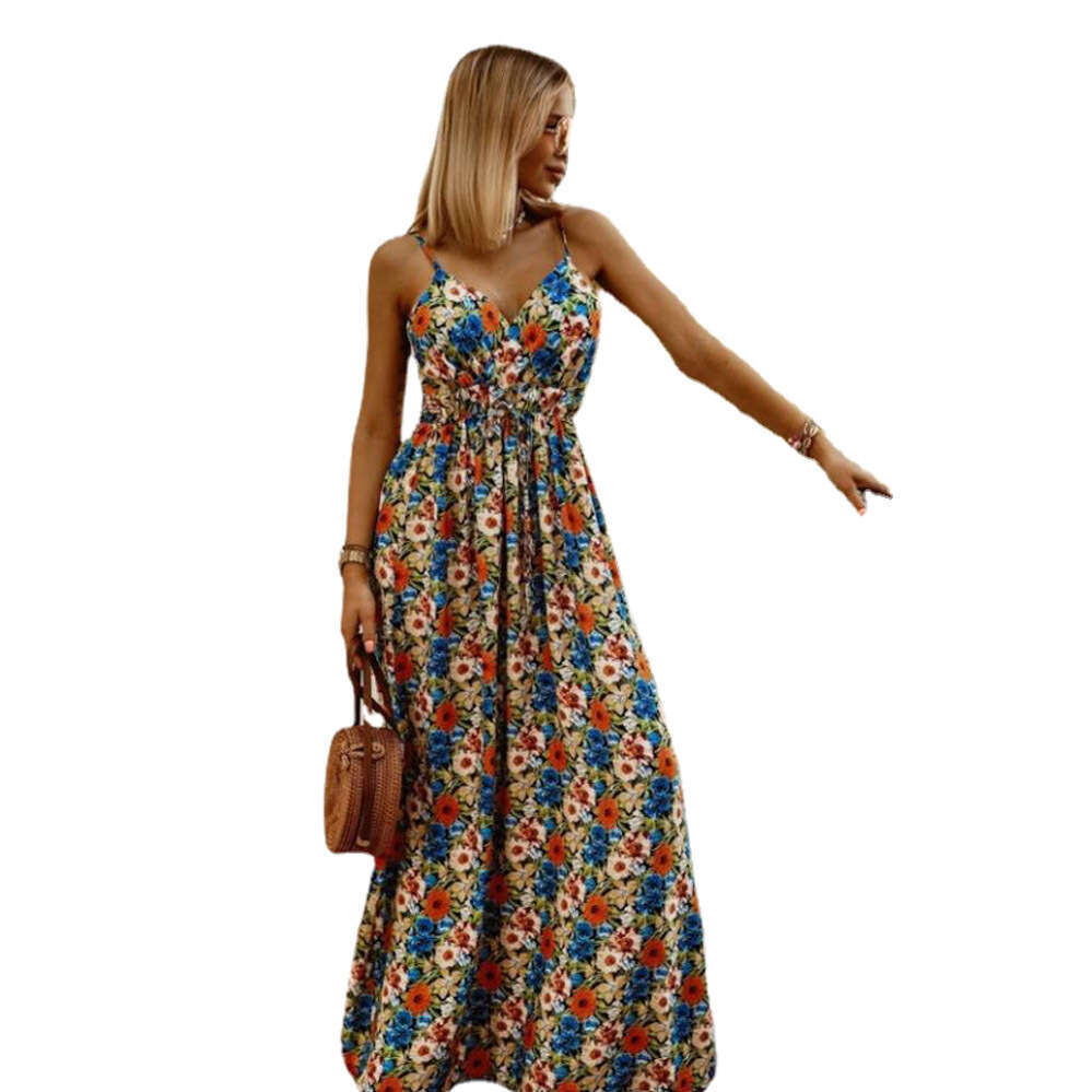 2023 Spring/Summer New V-neck Sleeveless Suspended Strap Printed Bohemian Long Dress