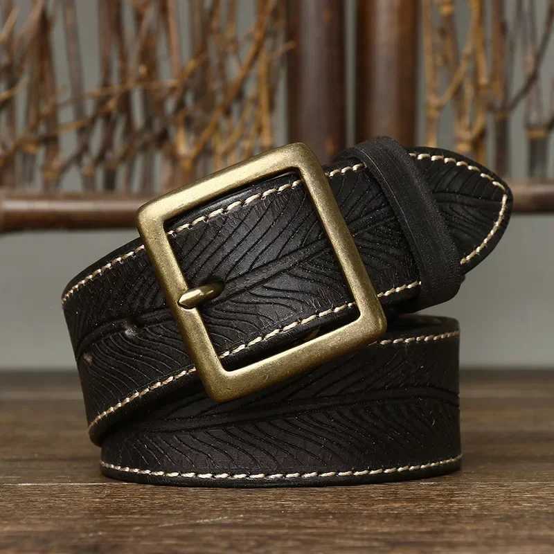 High quality genuine leather belt brass buckle fashionable retro jeans denim belt designer carved belt mens 3.8cm W240905