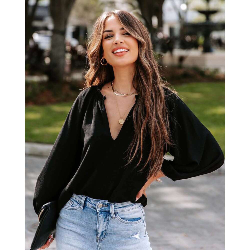 2024 Spring and Autumn New Women's Cool Long Sleeve Shirt Solid Color Comfortable Casual V-neck Loose Top
