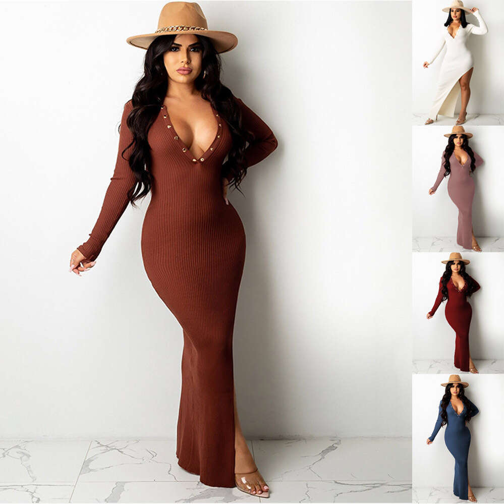 2023 new autumn, spring, and winter fashion for women's clothing, slim fit, concealed button, lapel, backless, sleeved, slit, long skirt