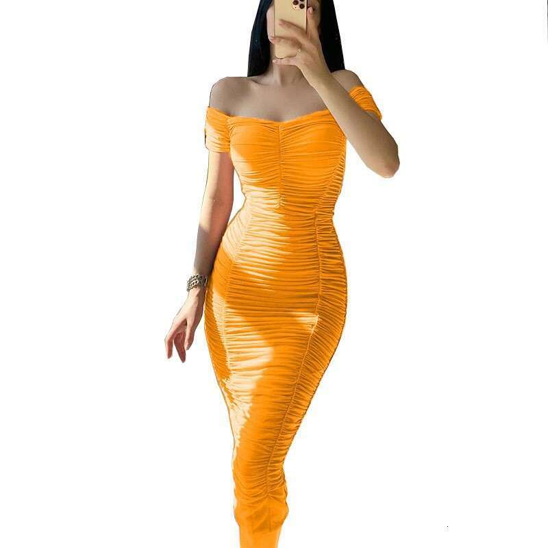 New style solid color long with elegant temperament, summer women's one shoulder pleated dress