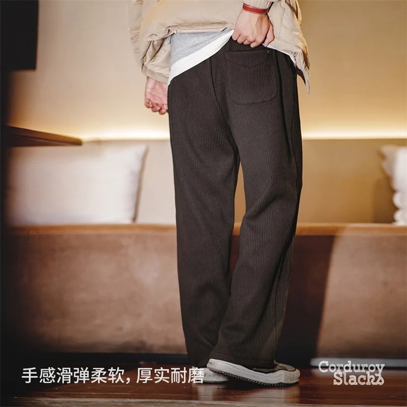 Maden Retro Corduroy Slacks Winter Mens Striped Velvet Loose Long Legs Khaki Elastic Waist Casual Straight Pants 240905