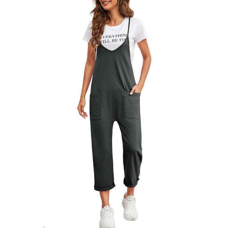 2024 Spring New Women's Casual Pocket Pants Solid Loose Strap Straight Jumpsuit