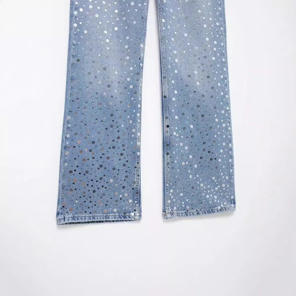 Aoaiys Womens Pocket Jeans Blue Shiny High Waist Wide Legs Denim Pants Shiny Straight Trouser Pocket Casual Fashion Jeans 240906