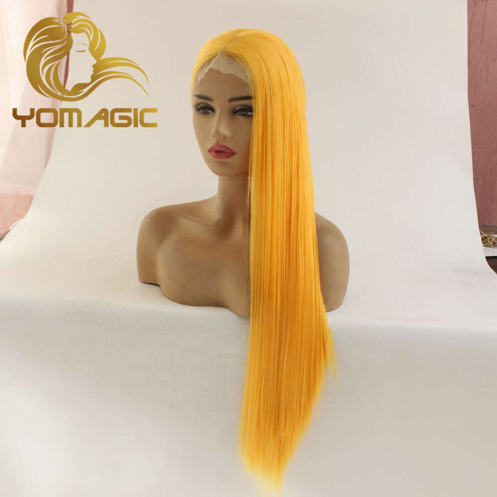Yomagic Yellow Synthetic 13X3 Front With Baby Hair Straight Heat Resistant Orange Lace Wigs For Women Pre Plucked