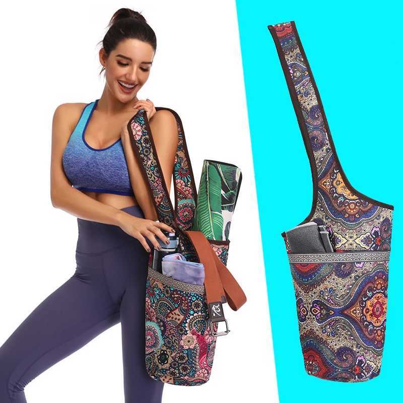 Single shoulder yoga mat bag womens canvas large-sized handbag sling carrier fitness bag waist flower ethnic style storage fitness bag W240906