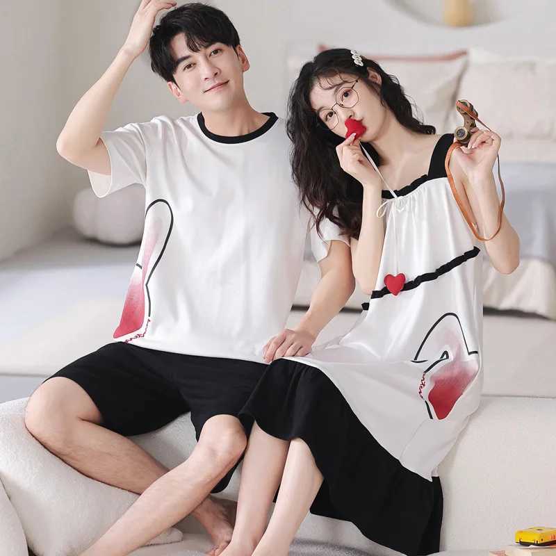 Summer Korean Couple Sleepwear Women Men Pajamas Set Cotton Pijama Suit Ladys Nightdress Round Neck Loose Lover Pyjama Night Y240906